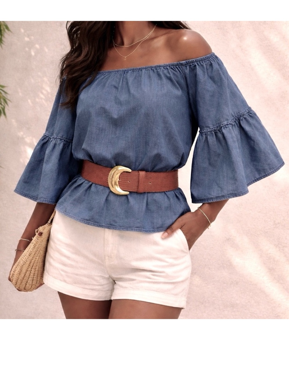 JACQUELINE de YONG Off-Shoulder Chambray Peasant Top in Blue